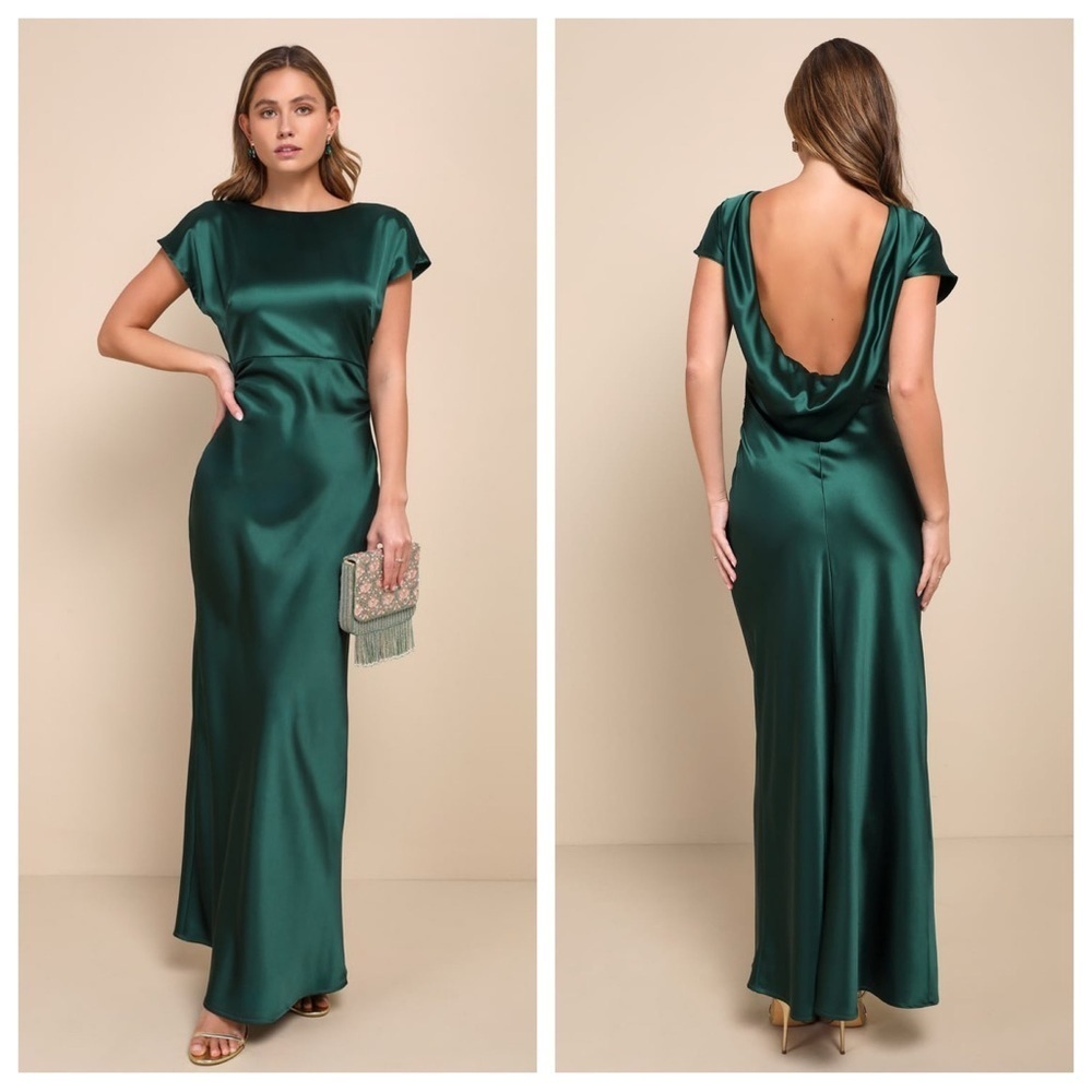 Lulus Captivating Presence Forest Green Satin Cowl Back
Maxi Dress